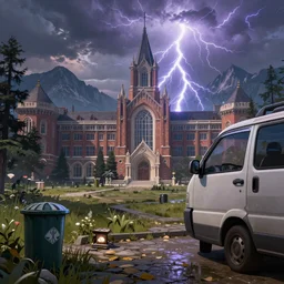 Location : weird university up in the mountains Details to include : * jewel box * trash bin * mini-van digital art, full shot RPG, official media, beautiful, detailed, high quality, wallpaper 4K, epic, trending on artstation and behance, dynamic lightning