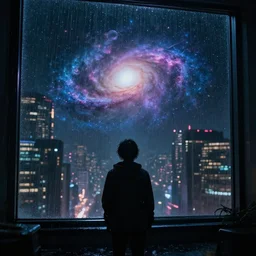 one cyber person of cosmic nebula galaxy watching a rainy cyberpunk futuristic city from behind at night through a window, 4 k, photorealistic, wet, highly detailed, cinematic moody by ridley scott, trending on artstation, glowing and epic