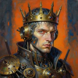 a painting of a man with a crown on his head, cyberpunk art by victor nizovtsev, cgsociety, fantasy art, maximalist, detailed painting, steampunk