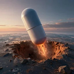 mysterious capsule crashing down on earth leaving a big crater, concept art, epic, cinematic, dramatic lighting, evening, highly detailed