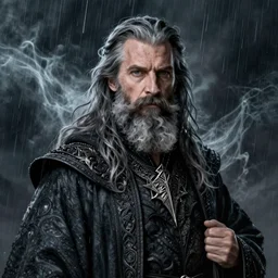 portrait karl urban as 50 yo male warlock, storm, rain, ghost, long hair, beard, moustache, d&d, intricate, elegant, highly detailed, digital painting, artstation, concept art, smooth, sharp focus, illustration, daren bader, aleksi briclot, rutkowski, bouguereau