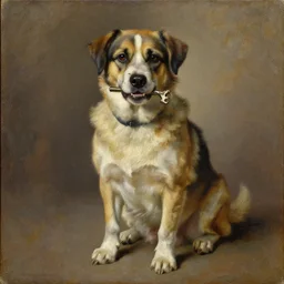 dog sitting holding a key in mouth, realism, old painting, oil painting, oil in canvas