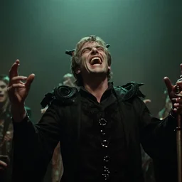 a tossing sharp teeth, laughing maniacally, a satanic ritual, movie screenshot directed by Stephen Spielberg, and cinematography by Roger Deakins. Shot from a low angle. Cinematic. 24mm lens, 35mm film, Fujifilm Reala, f8