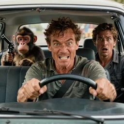 a man with a crazy look driving car, a monkey holding a revolver in the back seat, a frightened man next to the driver, hd, ultra realistic, detailed, cinematic