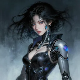 a soft lustrous female japanese yakuza cyberpunk cyborg with a wild and mysterious beauty, artwork by adolph menzel, alien production design