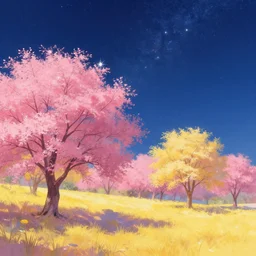 landscape, pink, yellow, blue, hyper realism, night sky, sparkle, trees