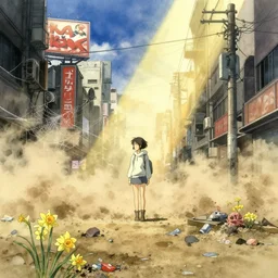 anime movie scene, mamoru oshii, otomo, ultra wide, dust cloud, vanishing point, hoody woman explorer, watercolor, empty, spiderwebs, trash, coral reef, daffodils, billboards, sun beam, dusty volumetric lighting, rim light, paper texture, puddles, deserted shinjuku junk, brutalist, wires, telephone pole, yellow, red