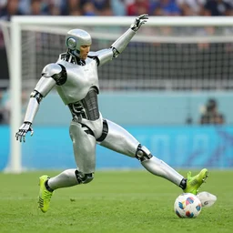 Sports action photograph of a cyborg football player scoring the winning penalty at the FIFA World Cup