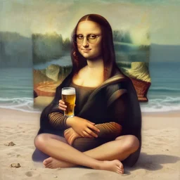 a young woman wearing sunglasses is sitting on the beach holding a big glass of beer!, looks like mona lisa, sharp focus, hyper realistic, soft colors, centered, insanely detailed, wide shot, a painting by leonardo da vinci