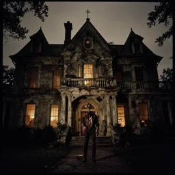 35mm film still, Resident evil mansion, zombie, spooky, horror, old, dirty, reversal film stock