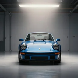 photograph of a blue porsche 911 standing in a garage, centered, mist, volumetric light, cinematic lighting, octane render, 4k, ultra realistic