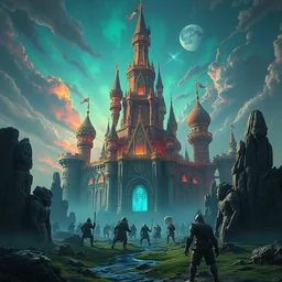 psychedelic castle under siege by humans, unreal engine 5, arnoldrender, illustration, epic, fantasy, hyper detailed, smooth, in the style of petros afshar, wlop, ross tran, tom whalen, peter mohrbacher