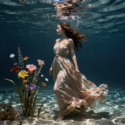 long and wide feminine dress underwater together with some flowers, by art kane