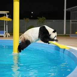 night scene at the yellow jumping tower of a swimming pool. a panda bear is jumping into the swimming water from the 1 0 m high tower platform. water is splashing. people are applauding. beautiful painting, high detail, watercolor