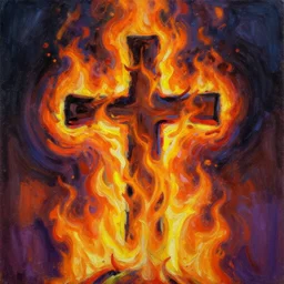 cross on fire burning in gushing flames, rainbow colors, oil painting, bold strokes
