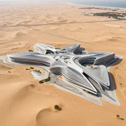 parametric structure, medical complex, in the desert beside the gulf, view from above, design by peter zumthor, dezeen, architectural photography