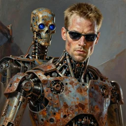 realistic portrait beautiful painting from scene in the terminator movie, when robot turned into rusty robot. horror, created by thomas kinkade and gustave courbet, fine draw, high detailed.