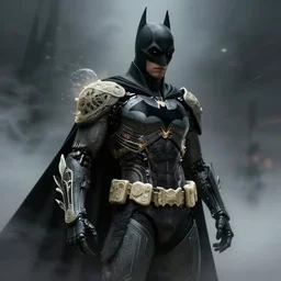 dystopian batman, black cybernetic garment with art nouveau ivory accessories, cyberpunk, darksynth, illuminated lines, outrun, vaporware, extremely detailed, ominous, ethereal, misty, artstation, by ruan jia, jeremy mann, alphonse mucha