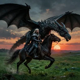 game of thrones night on horse riding to fight dragon, high contrast, gothic painting, dramatic sunset, green field, super detailed 1 0 8 0 p 4 k art