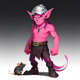 a hot pink tiefling with a tinfoil hat, a pet rat, exasperated, character art, full body art, dungeons and dragons, d & d, trending on artstation, artgerm, 4 k ultra hd, sharp focus, digital art by ilya kuvshinov and ross tran