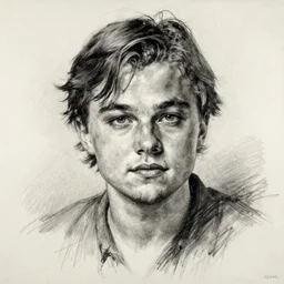 portrait drawing of young leonardo dicaprio, by Ilya Repin, charcoal, pencil, 20th century russian academic art, naturalistic, somber, loose line work
