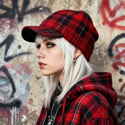 highly detailed 3 / 4 profile portrait of an new york sewer punk lady student, eyes, tartan hoody, hat, white hair ( ( by atey ghailan ) ), ( ( by greg tocchini ) ), by james gilleard, by kaethe butcher, gradient red, black, brown, cream and white color scheme, grunge aesthetic!!! ( ( graffiti tag wall ) )