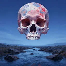 A beautifully intricate digital artwork of a cellular automata generated skull in the sky, wide angle, blue and red color scheme, dramatic soft lighting, clear skies, over a flowing river with rocks, by Brian Froud and Ernst Haeckel and Marc Chagall