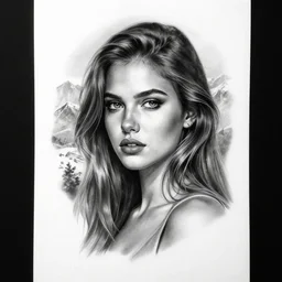 tattoo design sketch of a beautiful girl portrait faded in a mountain background, in the style of den yakovlev, black and white, realism tattoo, hyper realistic, highly detailed