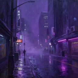 a oil painting of cyberpunk street in rainy night, purple neons, heave foggy, sci - fi, wet winter, low angle shot, water reflect, lush detail, cinematic lighting, sharp focus, hyperrealism, volumetric light, by sebastian luca on artstation. 4 k, concept art.