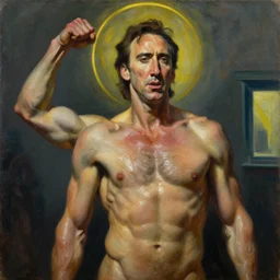 nicolas cage as triumphant sweaty muscular centaur with a halo, dystopian, pj crook, edward hopper, oil on canvas