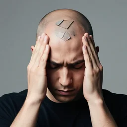 photo of a bald man cracking head on triolith