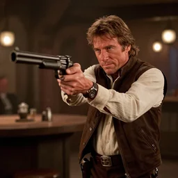 film still of clint eastwood man with no name as han solo aiming a 4 4 magnum in new star wars, inside a tavern, 4 k