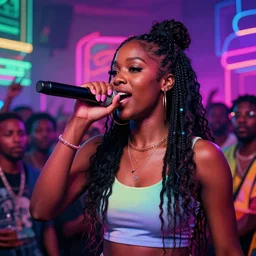 beautiful black woman rapping into microphone, wild crowd, hip hop vaporwave, abstract background, neon, photo, detailed, 4k