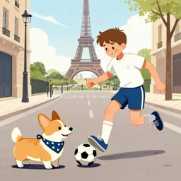 illustration of french boy on the streets of paris playing football against a corgi, the dog is wearing a polka dot scarf, comic, 1 9 7 2