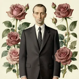 man in suit by rene magritte, surrounded by roses with flower vintage botanical illustration style, made by ernst haeckel