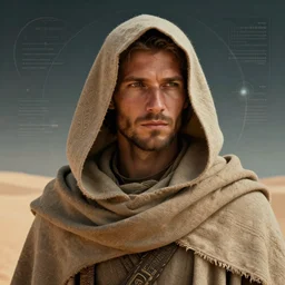 retrofuturistic portrait of a rugged desert wanderer, hood and cloak, space graphics in background, close up, quint buchholz, wlop, dan mumford, artgerm, liam brazier, peter mohrbacher, raw, featured on artstation, octane render, cinematic, elegant, intricate, 8 k