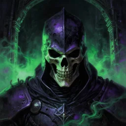 a close - up view portrait of a lone dark knight, brutalist halls with green alien fog, close - up view, detailed textures. glowing green purple fog, dark black background. murder poison skull face, highly detailed fantasy science fiction painting by moebius, norman rockwell, frank frazetta, and syd mead. rich colors, high contrast