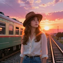 lone girl waiting for the train, 70s, dreamy, stanley kubrick the shinning, vibrant colors americana, cinematic, volumetric lighting, god rays, sunset, realistic, photorealism, detailed, digital art, illustration, screenshot from the anime by studio ghibli