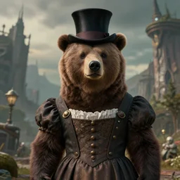 highly detailed portrait photo of an anthropomorphic mutant with the head of a brown bear, wearing a overgown and a top hat in a dystopian scenic environment, hyperrealistic Illustration