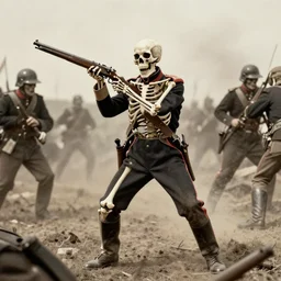 a living skeleton fighting in a war, 1 8 7 5, old picture, historical picture, realistic, british uniform, skeleton with gun, dramatic, scary