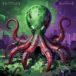 robotic cyberpunk octopus by miyazaki, green purple red color palette, symmetrical vector illustration, kenneth blom, mental alchemy, james jean, pablo amaringo, naudline pierre, contemporary art, hyper detailed