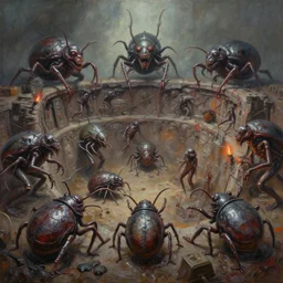 oil paint of 1 1 horrifying tick creatures dipped in putrid chrome, tiered battle pit, by wayne d barlowe, boris vallejo, b wrightson, stefano tamburini, torch light, muted colors, epic, hyper detailed, awe inspiring, award winning horror, hyper realism, cinematic