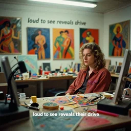 dramatic scene shallow depth of field medium shot uncanny surreal photograph of a colorful intimate art studio in 1 9 9 5 titled'loud to see reveals their drive ', photographed by william eggleston and ken price and man ray, grainy shocking detail trending on artstation 8 k