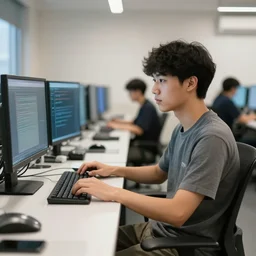 “a computer science student sitting in a programming lab, photogenic, hd, 4K”