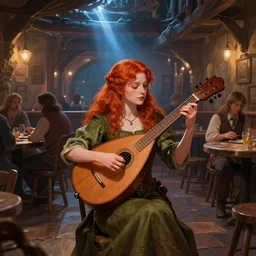a young red head woman bard playing a lute in a full tavern, color dnd illustration, in the style of Marc Simonetti and James Gurney, trending on artstation, wide angle, cinematic lightning