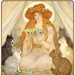 lady with long curly hair reading tarot cards surrounded by cats in a gypsy tent, Alphonse Mucha, nouveau poster style, thin lines, pastel colors
