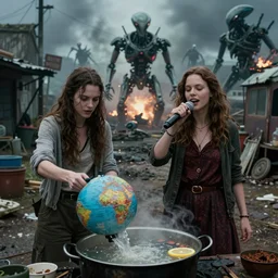 she makes the deep boil. dark fantasy story about two casually - dressed women in a dirty seaside town, a globster, and a beautiful song. color cinematic still from an action - packed 2 0 1 1 blasting!! hybridizing alien - robot invasion science - fiction blockbuster movie ; highly - detailed.