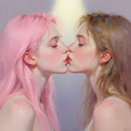 portrait of two beautiful girls kissing, intimate, pastel shades of pink, beautiful face, spotlight, drips of paint, by greg rutkowski, by jeremy mann, by francoise nielly, by van gogh, digital painting