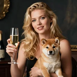 blonde woman with glass of champagne in her hand and a shiba inu puppy on her lap.