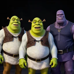 Shrek, Gru, and Thanos in black tuxedos singing in the foreground with a black background behind them.